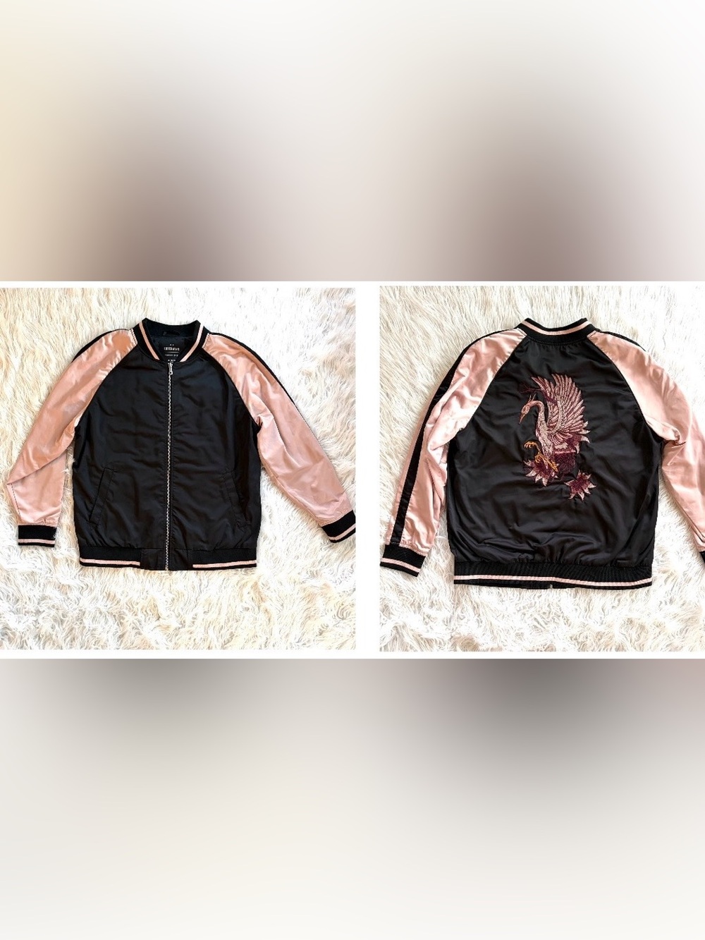 Cotton On Pink & Black Satin Sukajan Bomber Jacket Embroidered Crane Medium